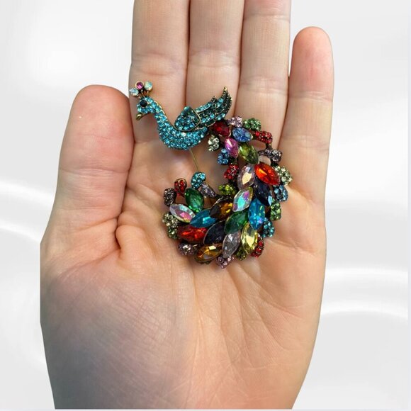 Colorful Rhinestone Peacock Brooch | Vintage Style Statement Pin - Picture 3 of 3